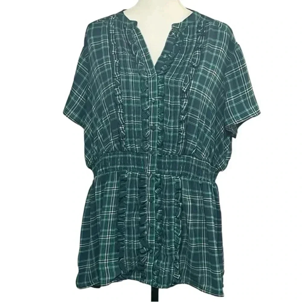 Torrid size 1 (14) sheer plaid blouse, ruffles, buttons and an elastic waist EUC